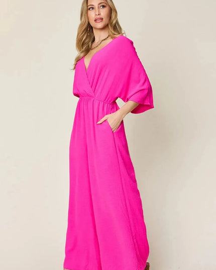 Double Take Full Size Surplice Wide Leg Jumpsuit with Pockets - ShopEasier