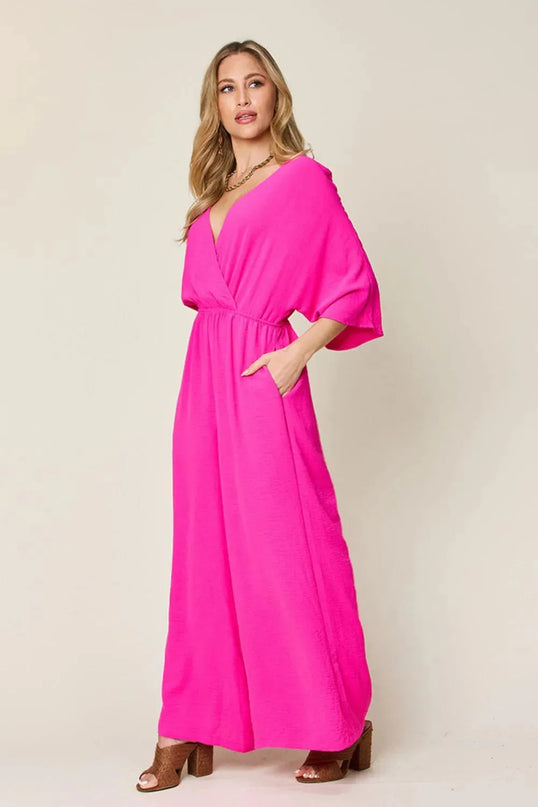 Double Take Full Size Surplice Wide Leg Jumpsuit with Pockets - ShopEasier