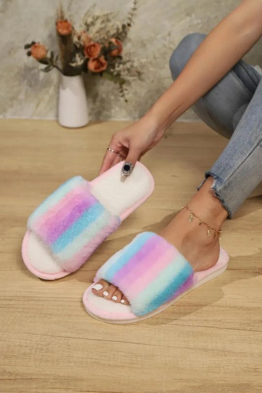 Faux Fur Color Block Open Toe PVC Slides