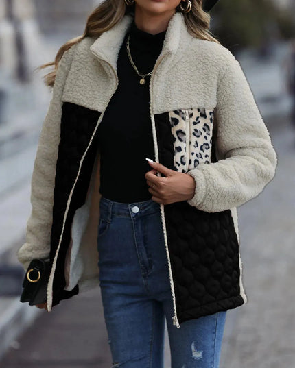 Leopard Print Color Block Zip-Up Hooded Jacket