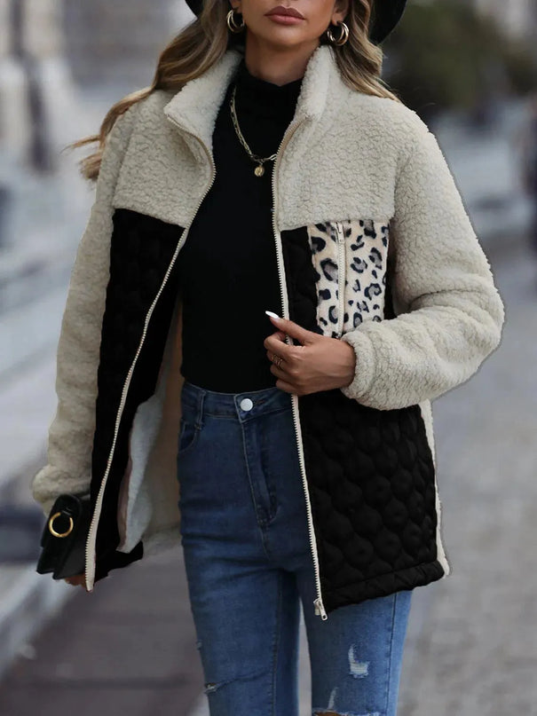 Leopard Print Color Block Zip-Up Hooded Jacket