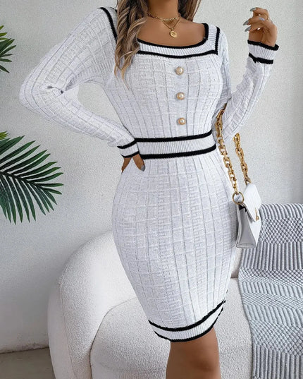 Contrast Trim Long Sleeve Sweater Dress