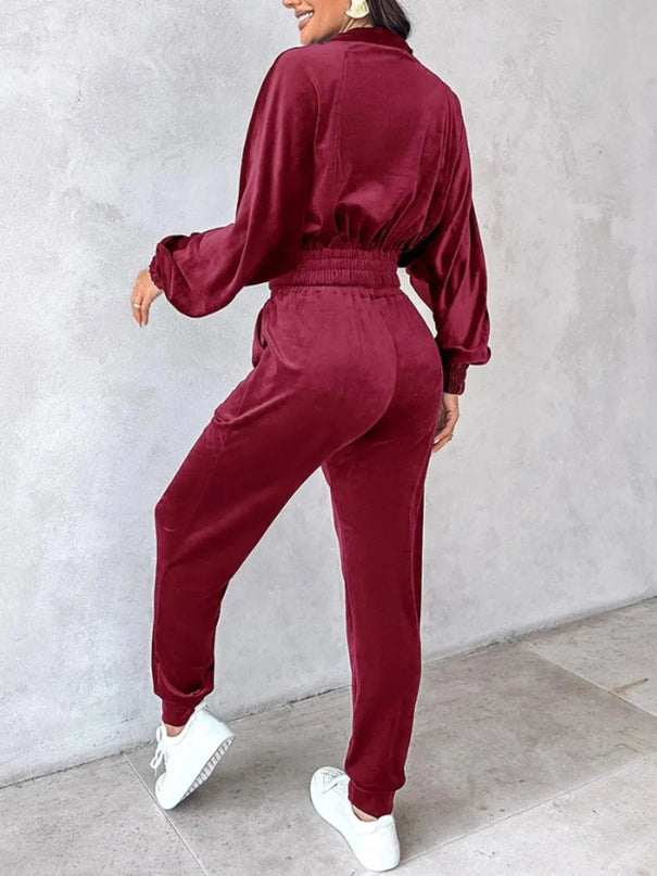 Zip Up Long Sleeve Cropped Top and Joggers Set - ShopEasier