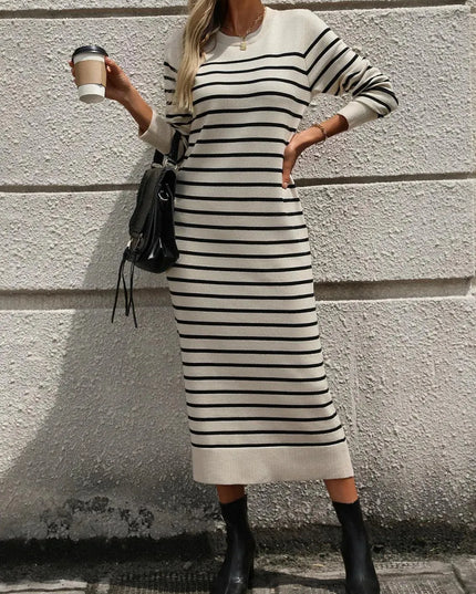 Striped Round Neck Long Sleeve Dress - ShopEasier