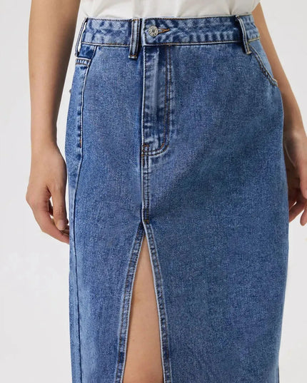 Slit Midi Denim Skirt with Pockets - ShopEasier