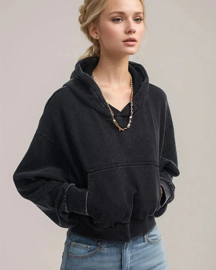 Cropped Cotton Hoodie with Kangaroo Pocket and Long Sleeves