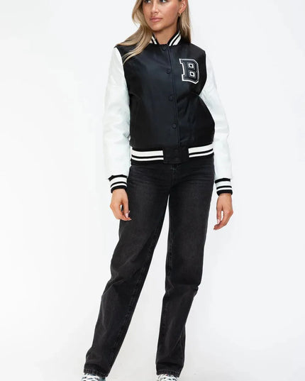 Love Me Now PU Leather Contrast Snap Down Bomber Jacket - ShopEasier