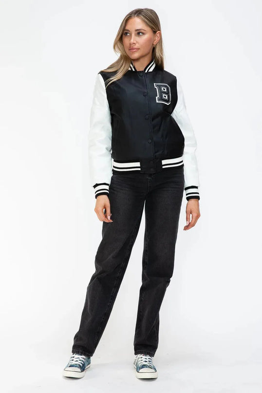 Love Me Now PU Leather Contrast Snap Down Bomber Jacket - ShopEasier