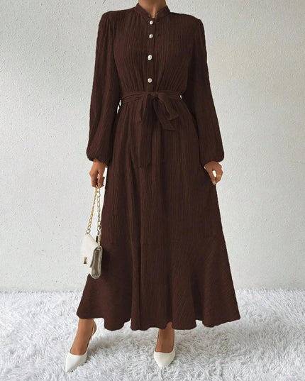 Half Button Tie Waist Long Sleeve Maxi Dress