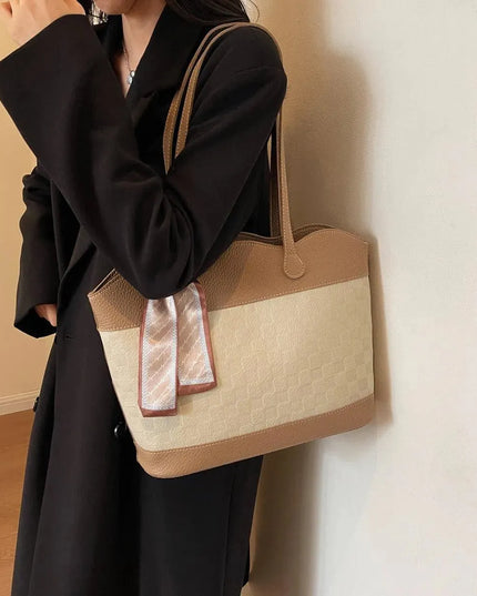 PU Leather Tied Contrast Tote Bag