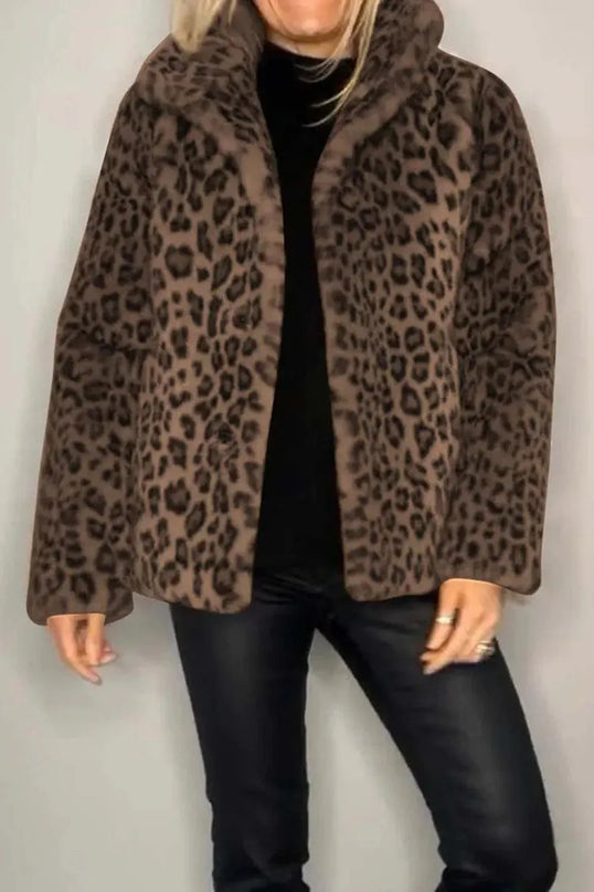 Full Size Leopard Furry Collared Neck Long Sleeve Coat - ShopEasier