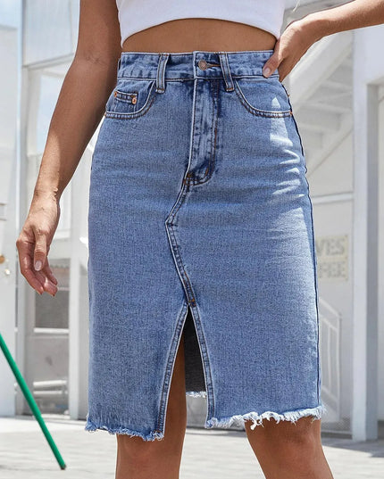 Raw Hem Slit Denim Skirt - ShopEasier