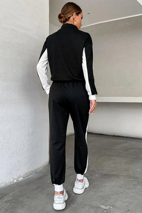 Striped Mock Neck Cropped Sweatshirt and Jogger Set with Half Zip