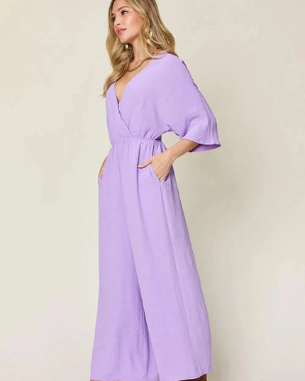 Double Take Full Size Surplice Wide Leg Jumpsuit with Pockets - ShopEasier