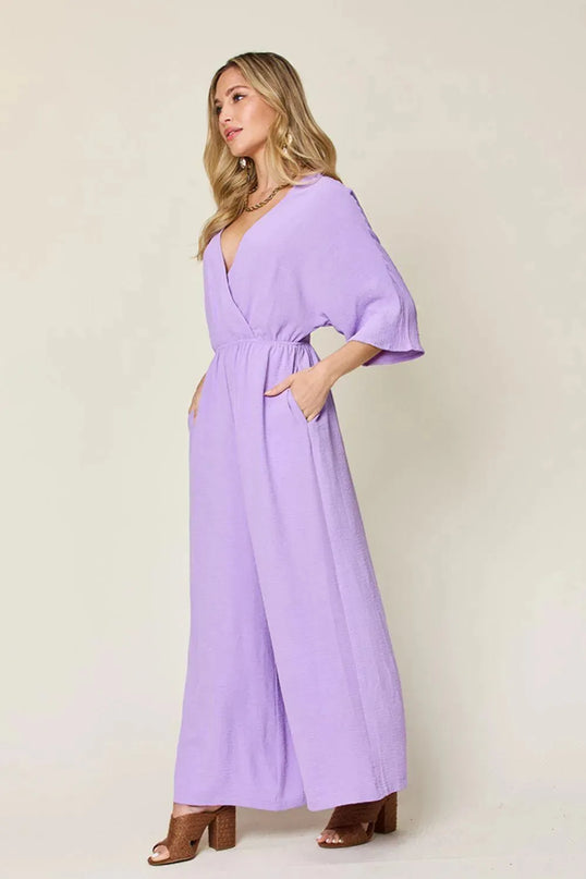 Double Take Full Size Surplice Wide Leg Jumpsuit with Pockets - ShopEasier