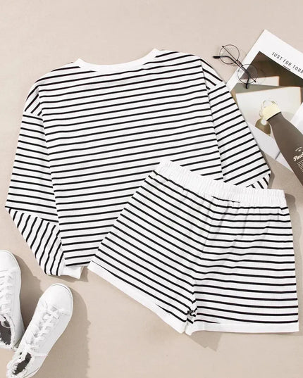 Striped Long Sleeve Top and Shorts Lounge Set with Pockets