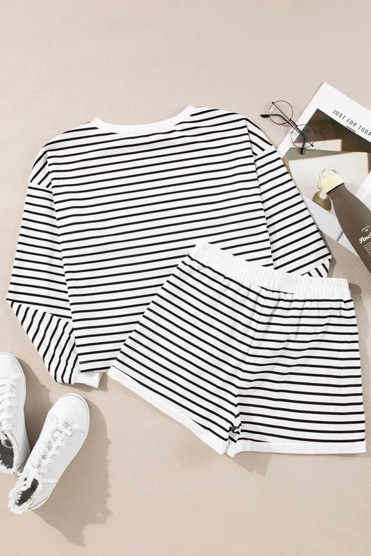 Striped Long Sleeve Top and Shorts Lounge Set with Pockets