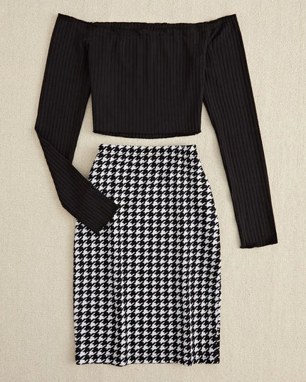 Off-Shoulder Long Sleeve Top and Houndstooth Skirt Set