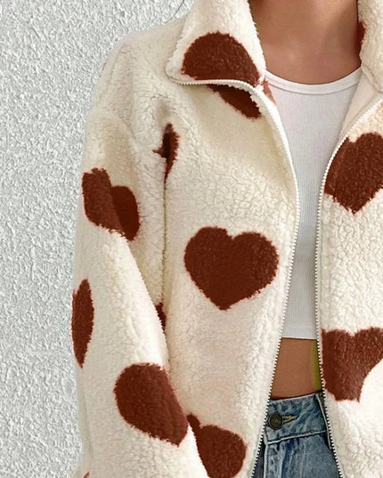 Heart Zip Up Drop Shoulder Furry Jacket - ShopEasier