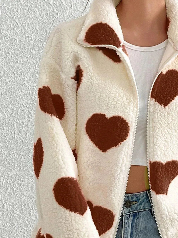 Heart Zip Up Drop Shoulder Furry Jacket - ShopEasier