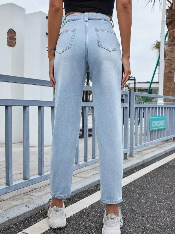 Distressed Straight Jeans with Pockets - ShopEasier