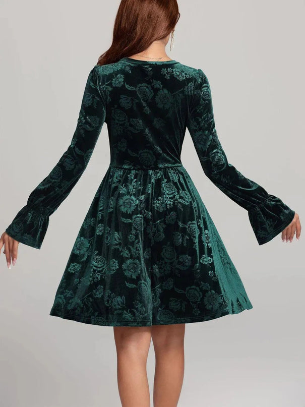 Tied Flower Print Round Neck Flounce Sleeve Dress - ShopEasier