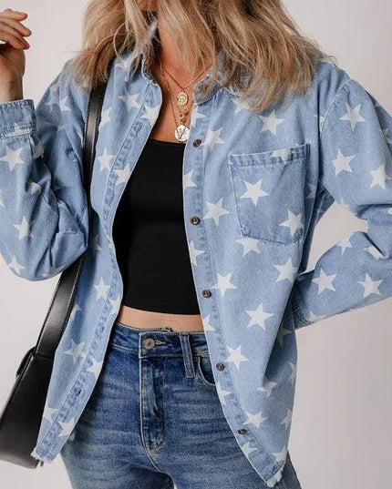 Raw Hem Star Collared Neck Denim Top - ShopEasier