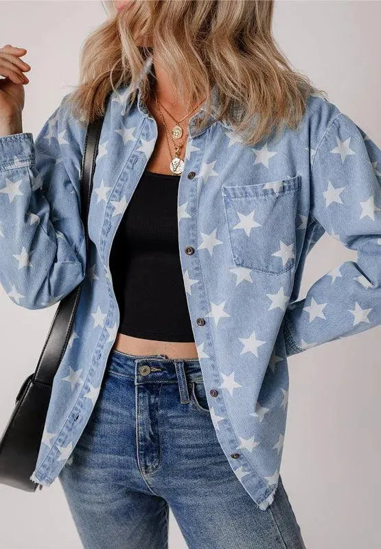 Raw Hem Star Collared Neck Denim Top - ShopEasier