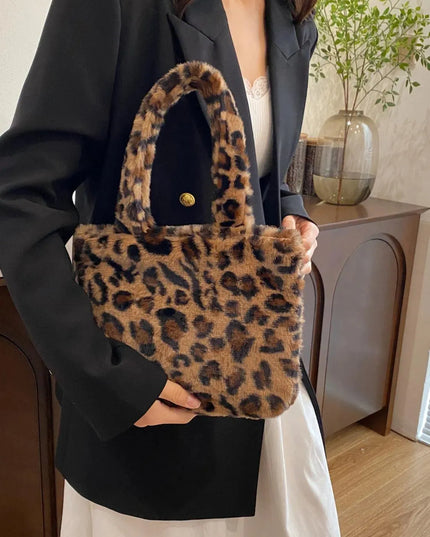 Leopard Print Fluff Zip-Up Handbag