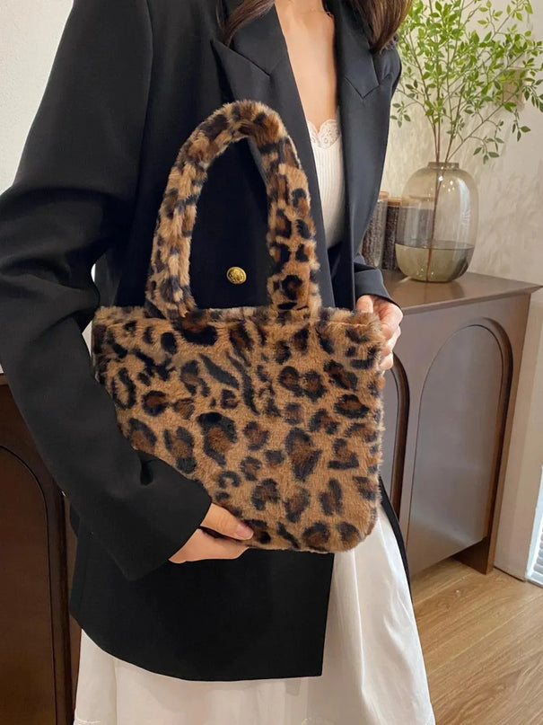 Leopard Print Fluff Zip-Up Handbag