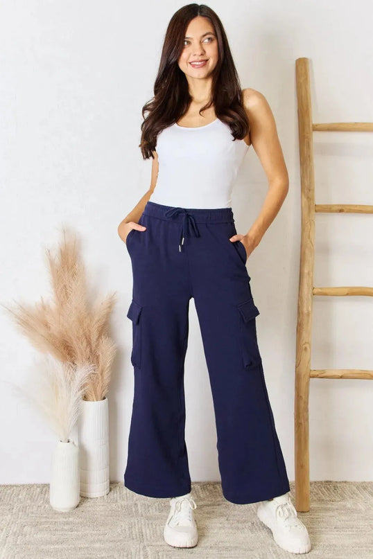 Relaxed Fit Wide-Leg Cargo Pants with Drawstring