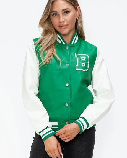 Love Me Now PU Leather Contrast Snap Down Bomber Jacket - ShopEasier