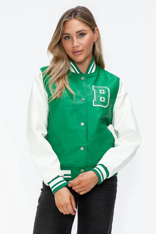 Love Me Now PU Leather Contrast Snap Down Bomber Jacket - ShopEasier