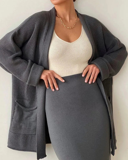 Pocketed Long Sleeve Cardigan and Skirt Sweater Set