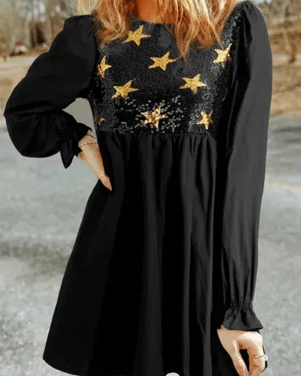 Sequin Star Round Neck Flounce Sleeve Mini Dress