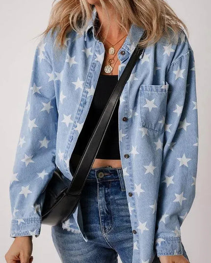 Raw Hem Star Collared Neck Denim Top - ShopEasier