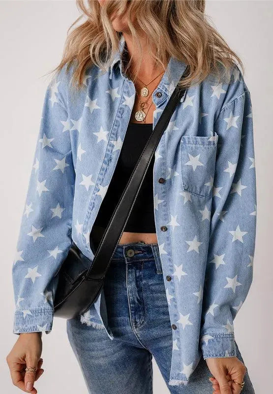 Raw Hem Star Collared Neck Denim Top - ShopEasier