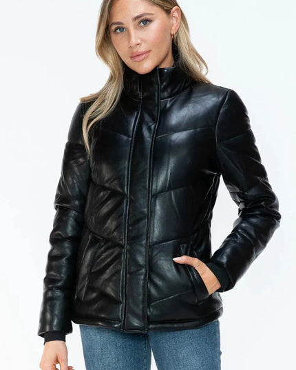 Snobbish Pocketed Zip Up Turtleneck Puffer Jacket - ShopEasier