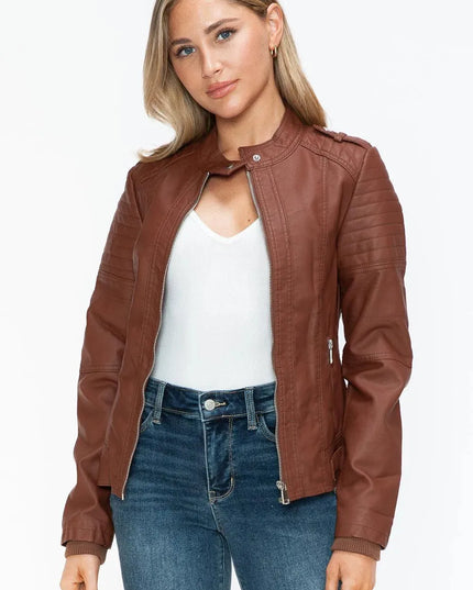 Snobbish PU Leather Biker Jacket with Side Zip Pockets - ShopEasier