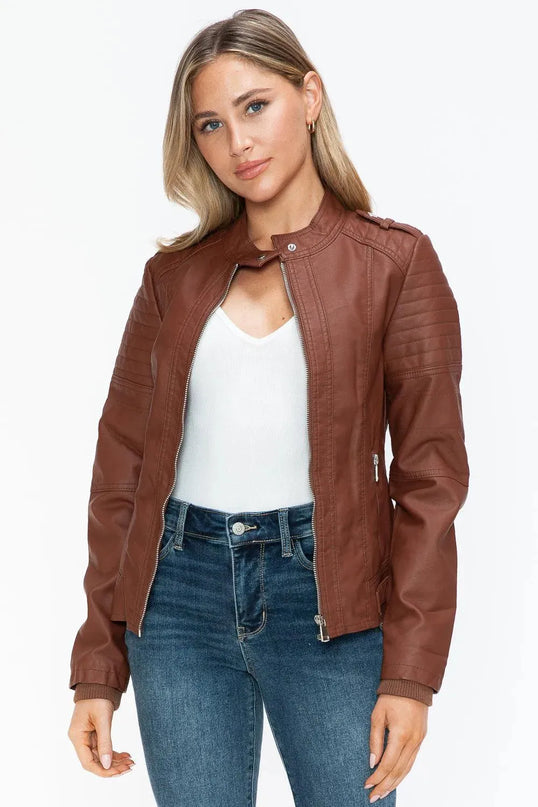 Snobbish PU Leather Biker Jacket with Side Zip Pockets - ShopEasier