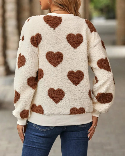 Fuzzy Heart Dropped Shoulder Sweatshirt - ShopEasier