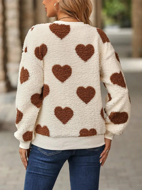 Fuzzy Heart Dropped Shoulder Sweatshirt - ShopEasier