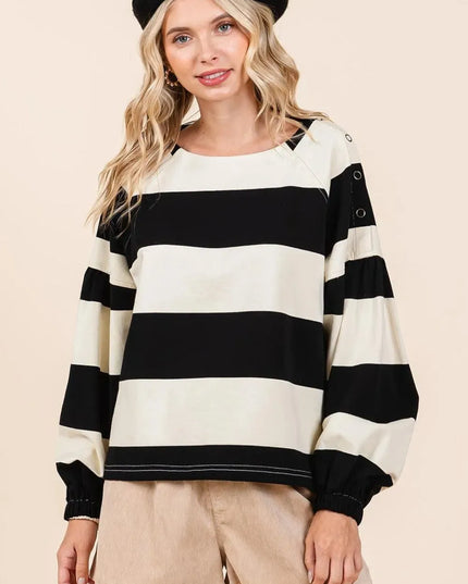 Chic Striped Long Sleeve T-Shirt with Snap Shoulder Detail