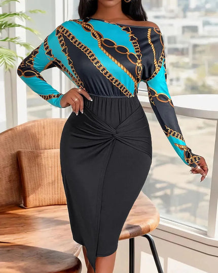 Perfee Twisted Printed Long Sleeve Dress