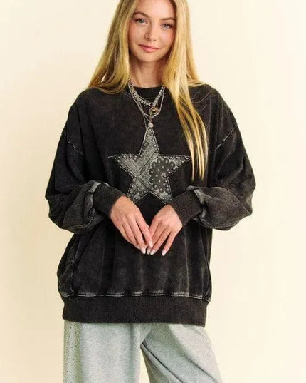 Acid-Washed Studded Star Patch Sweatshirt by Davi & Dani