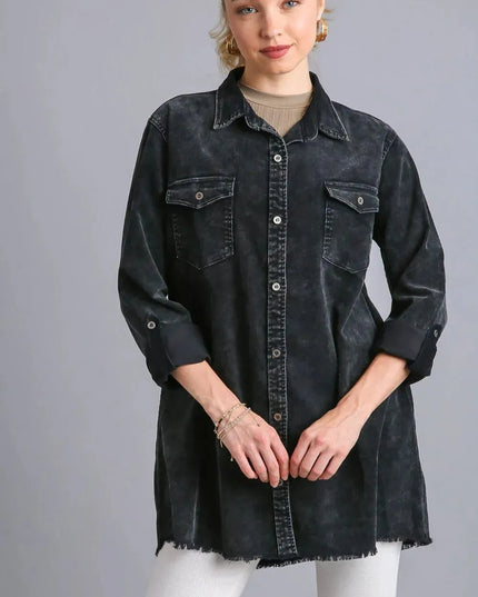 Umgee Raw Hem Button Down Denim Jacket with Chest Pockets - ShopEasier