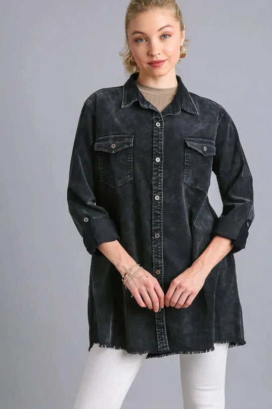 Umgee Raw Hem Button Down Denim Jacket with Chest Pockets - ShopEasier