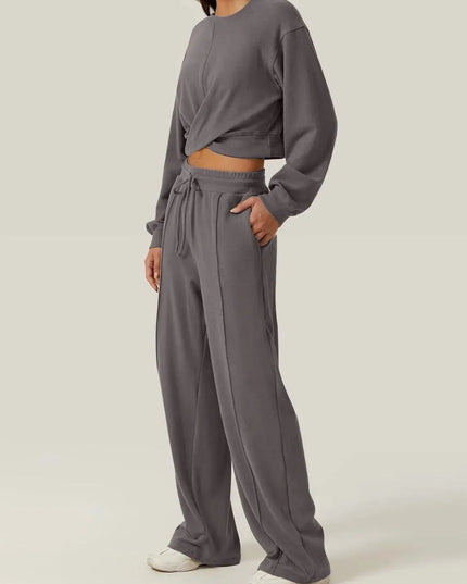 Crisscross Round Neck Top and Drawstring Pants Set - ShopEasier