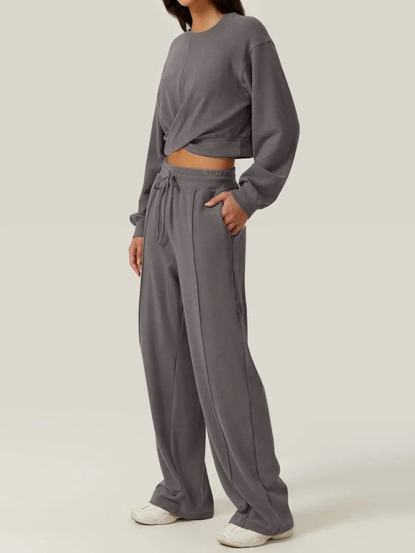 Crisscross Round Neck Top and Drawstring Pants Set - ShopEasier