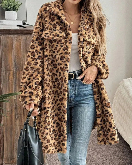 Leopard Button Up Long Sleeve Fuzzy Coat - ShopEasier